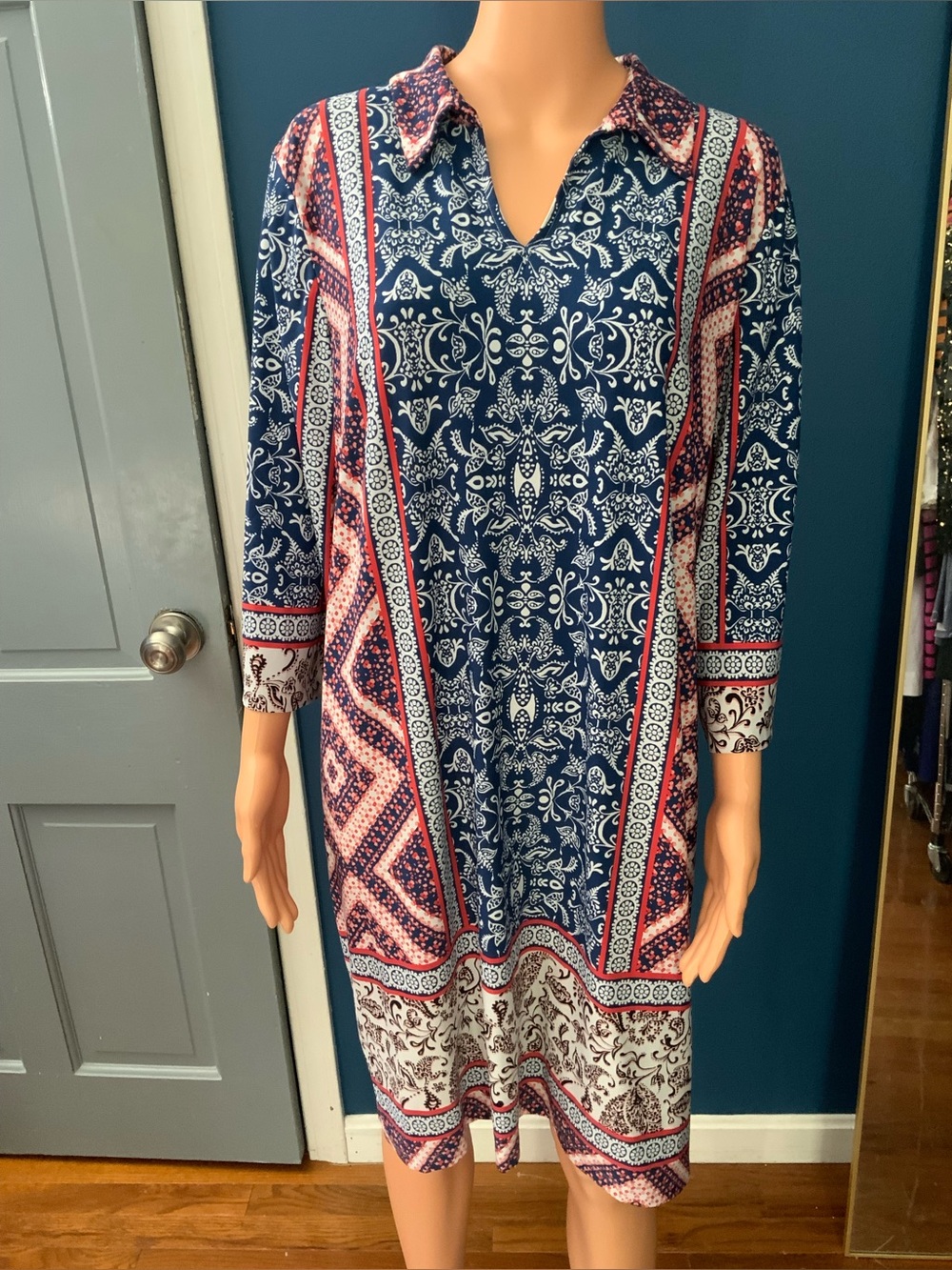 Chico's Navy & Pink Printed Long-Sleeve Shift Dress
